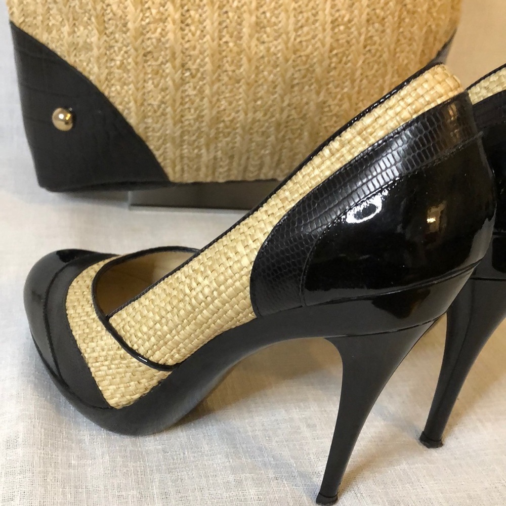 NEDA BEBE WOVEN PATENT LEATHER PUMPS